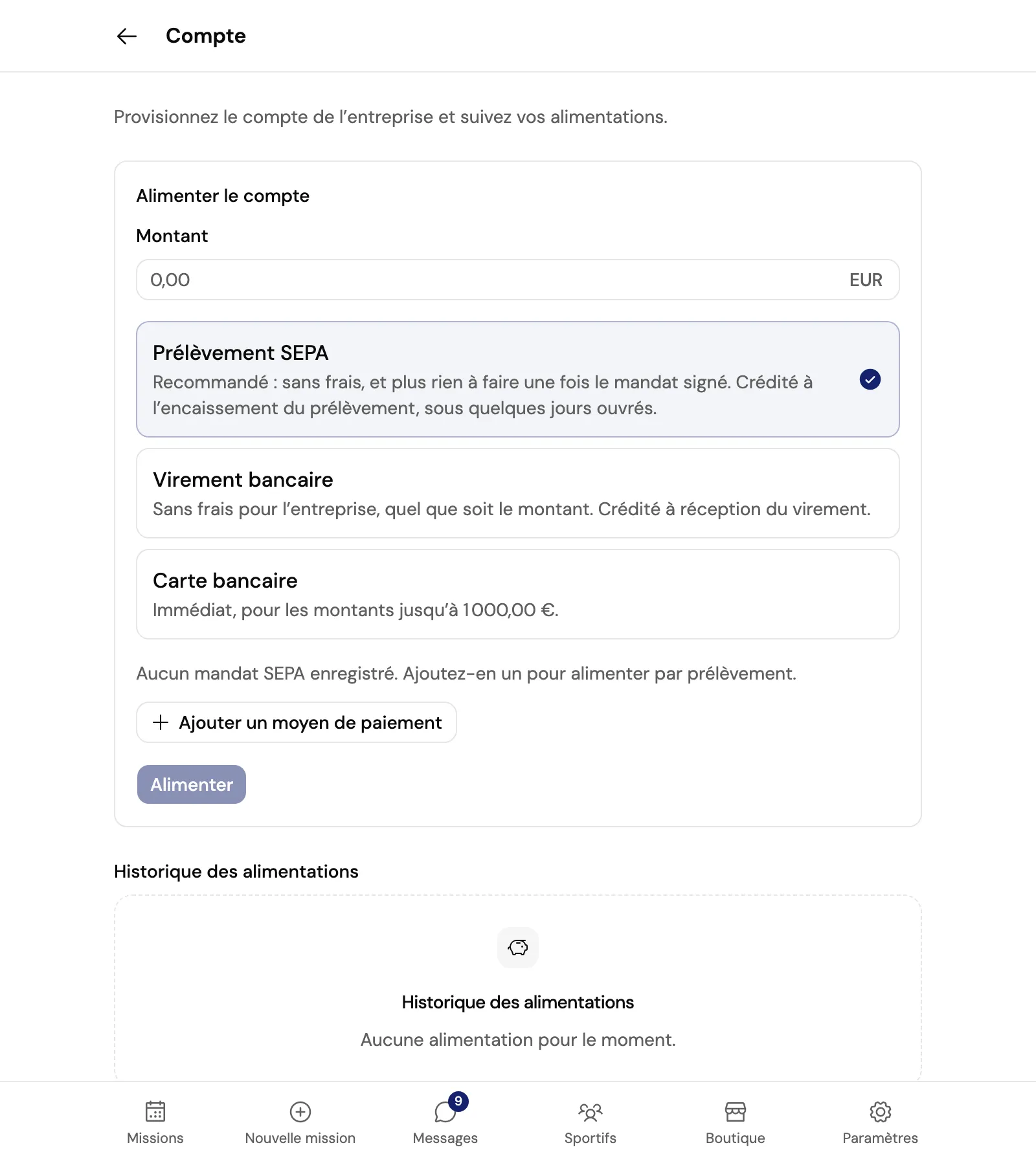 La page Compte : le formulaire Alimenter le compte avec un montant et trois choix, Prélèvement SEPA recommandé, Virement bancaire et Carte bancaire, puis l’historique des alimentations.