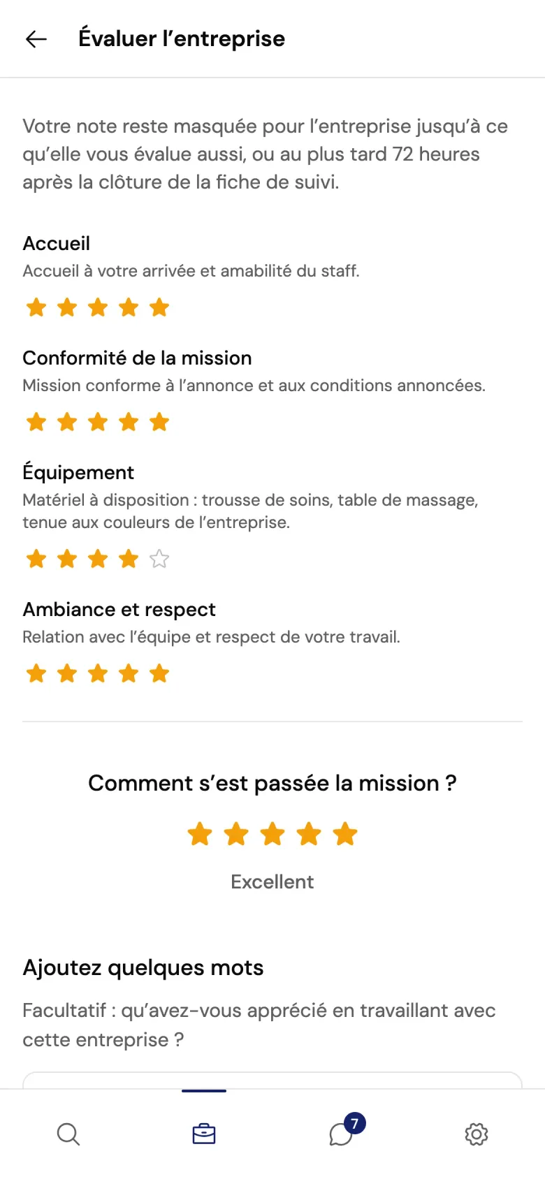 La page Évaluer l’entreprise : Accueil, Conformité de la mission, Équipement et Ambiance et respect notés en étoiles, puis une note globale Excellent.