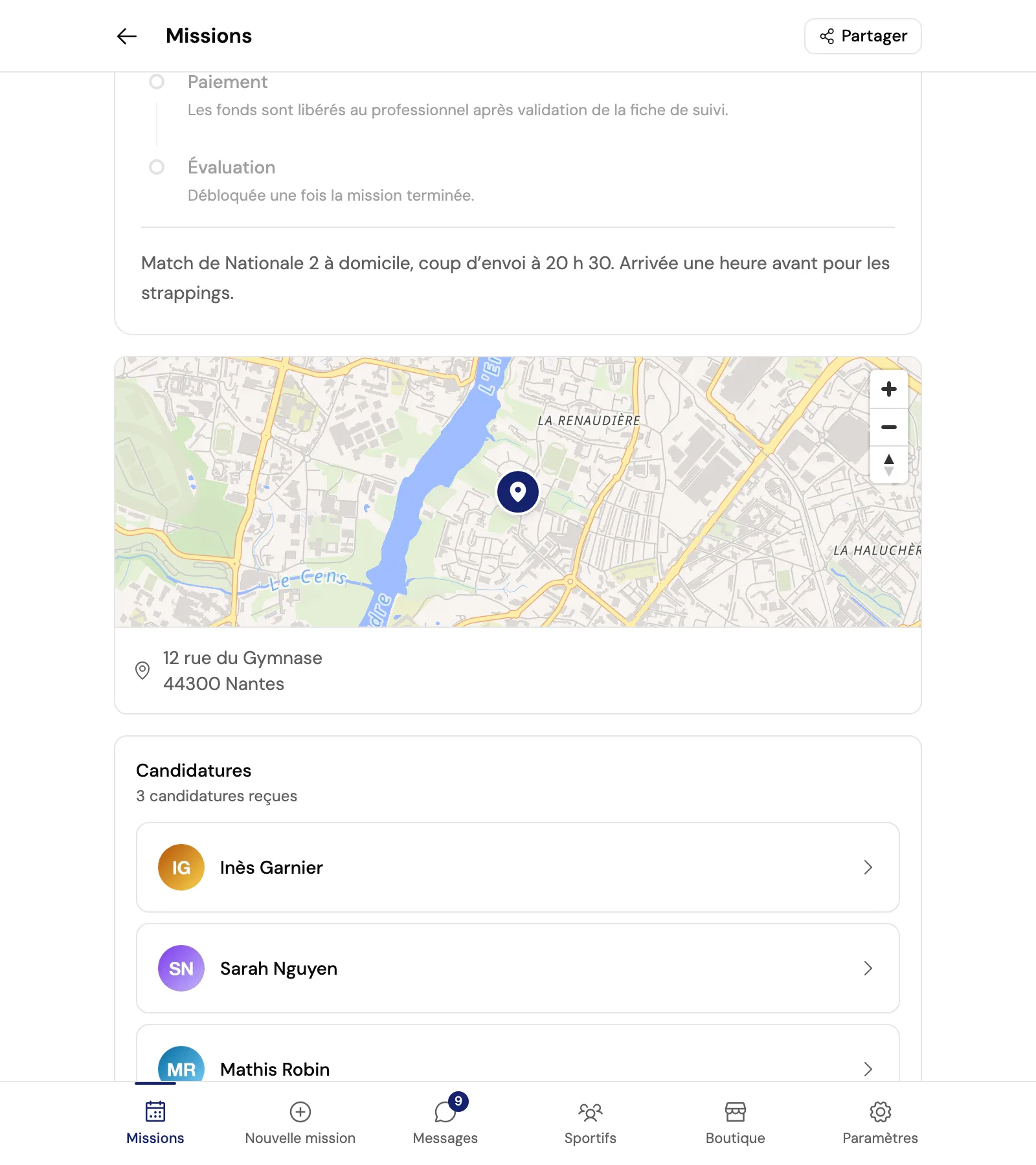La page d’une mission avec, sous la carte du lieu, la section Candidatures et trois professionnels de santé : Inès Garnier, Sarah Nguyen et Mathis Robin.