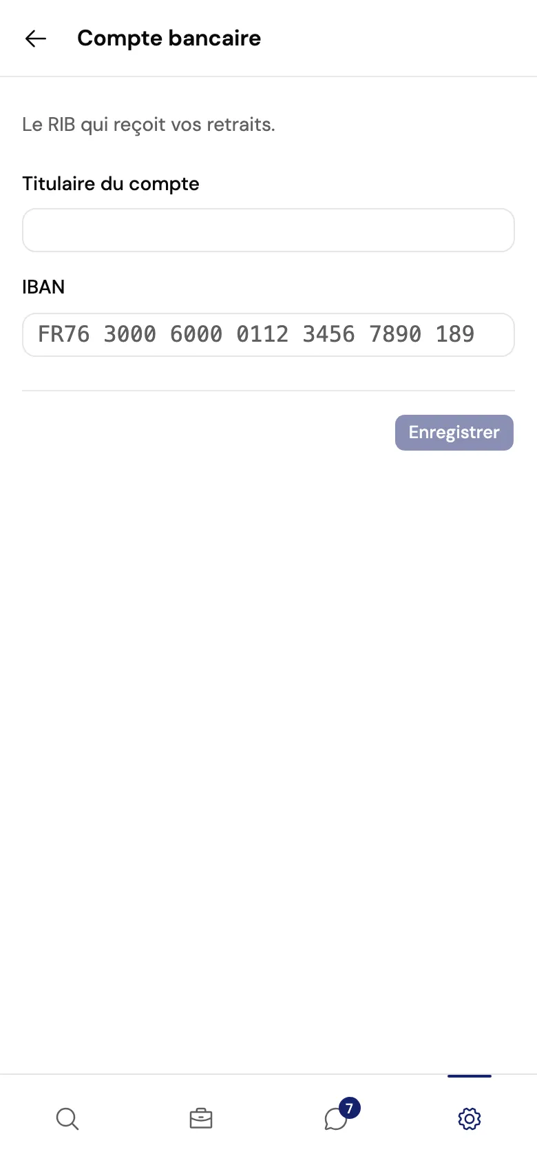 La page Compte bancaire sur téléphone : les champs Titulaire du compte et IBAN.