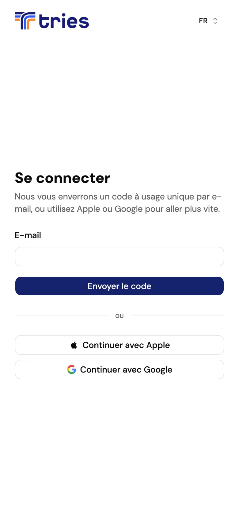 La page Se connecter : le champ E-mail, le bouton Envoyer le code, puis Continuer avec Apple et Continuer avec Google.