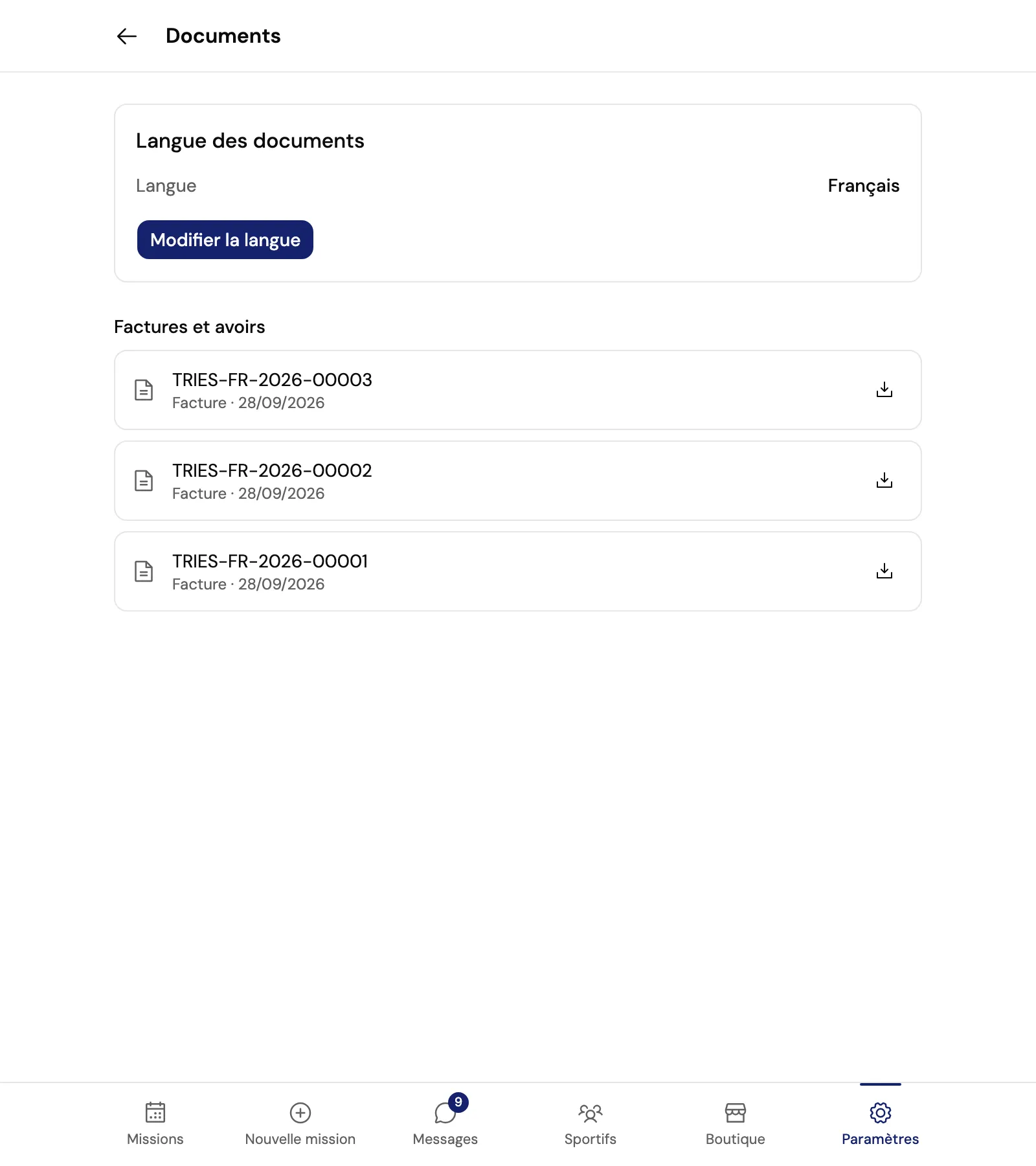 La page Documents de l’entreprise : la langue des documents, puis trois factures numérotées TRIES-FR-2026-00001 à 00003.