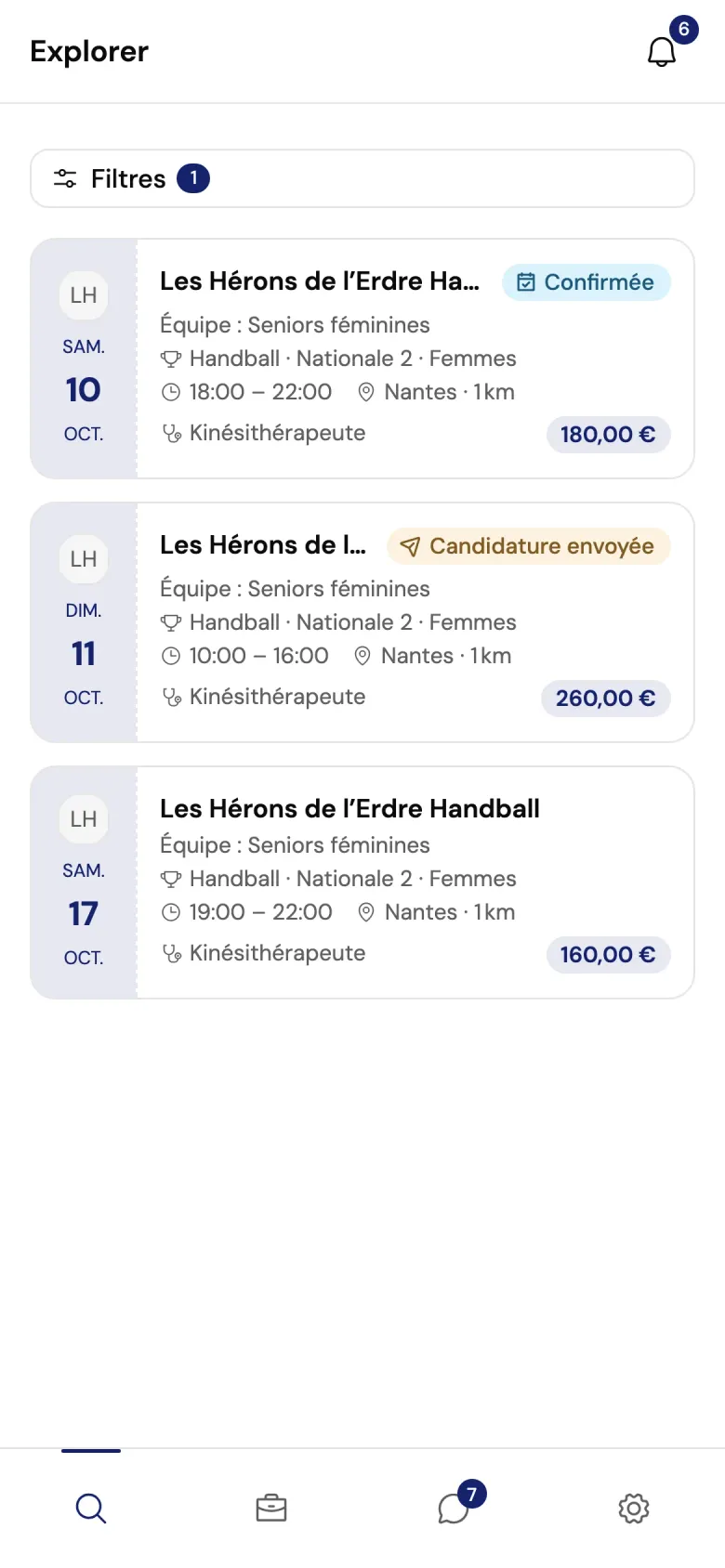 L’onglet Explorer : des missions de l’entreprise Les Hérons de l’Erdre Handball, avec la date, l’équipe, l’activité, l’horaire, la ville, la distance et la rémunération, dont une marquée Candidature envoyée.