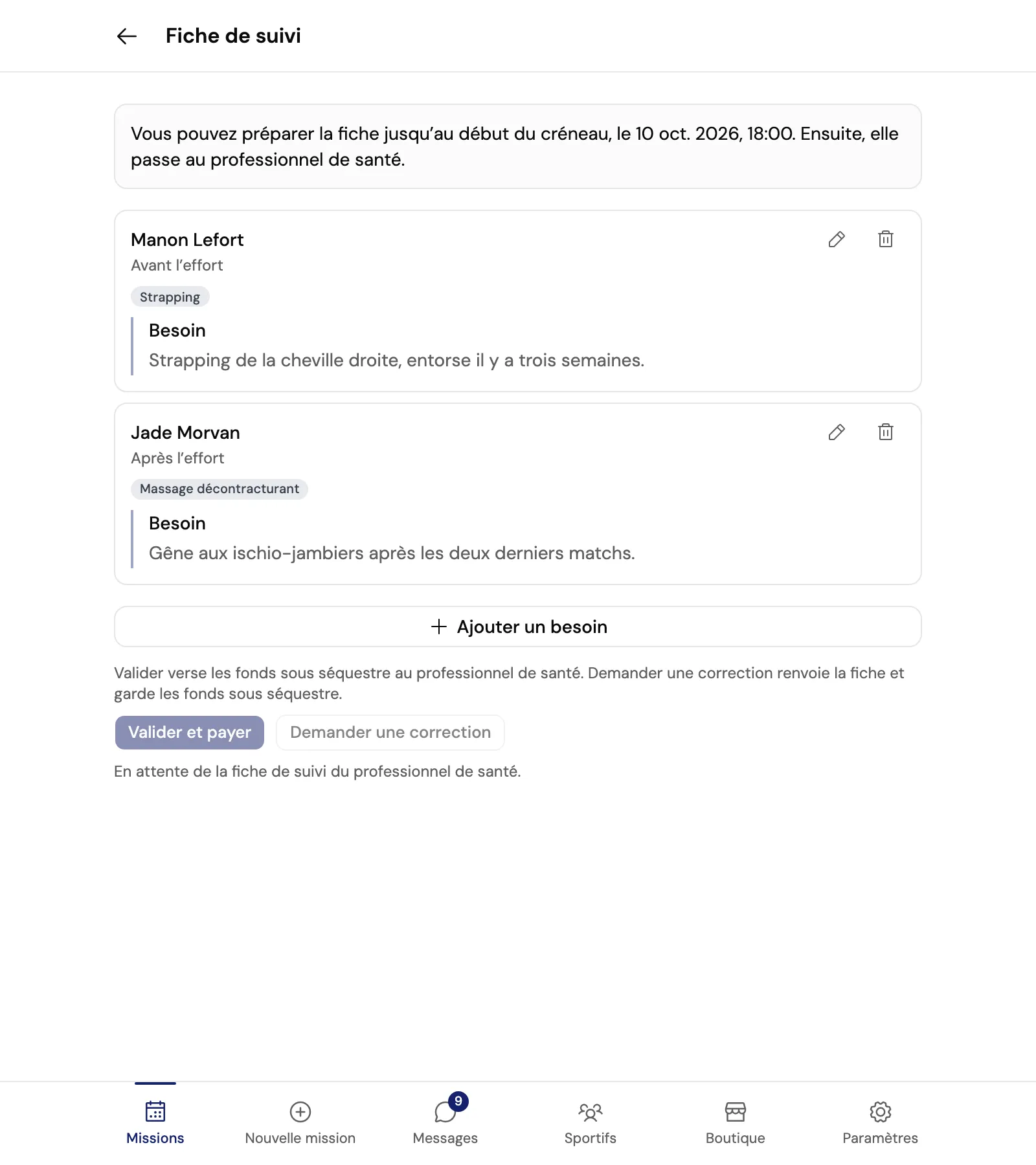 La fiche de suivi avant la mission, avec deux besoins : un strapping de cheville pour Manon Lefort avant l’effort, un massage pour Jade Morvan après l’effort.