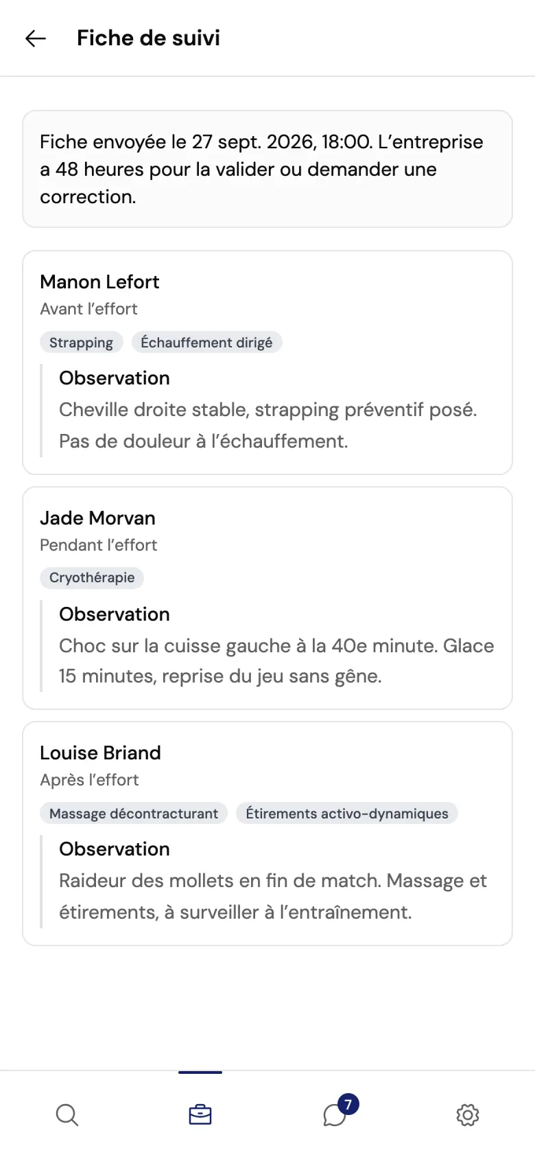 Une fiche de suivi envoyée, vue sur téléphone : trois sportives avec le moment de l’effort, les actes et l’observation de chacune.