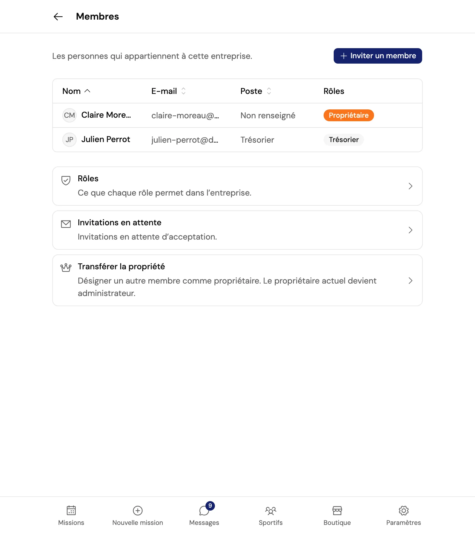 La page Membres : Claire Moreau, propriétaire, et Julien Perrot, trésorier, puis les rubriques Rôles, Invitations en attente et Transférer la propriété.