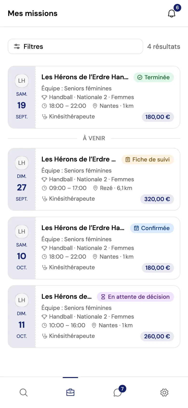 L’onglet Mes missions : une mission terminée, une fiche de suivi en cours, une mission confirmée et une candidature en attente de décision.