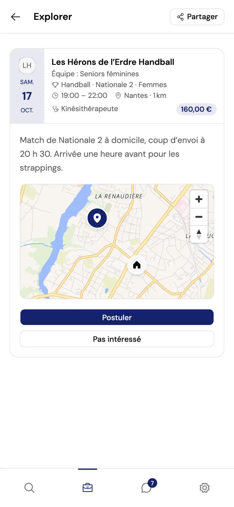Le détail d’une mission : l’entreprise, l’équipe, l’horaire, la distance, la rémunération de 160 €, la description, la carte du lieu et les boutons Postuler et Pas intéressé.