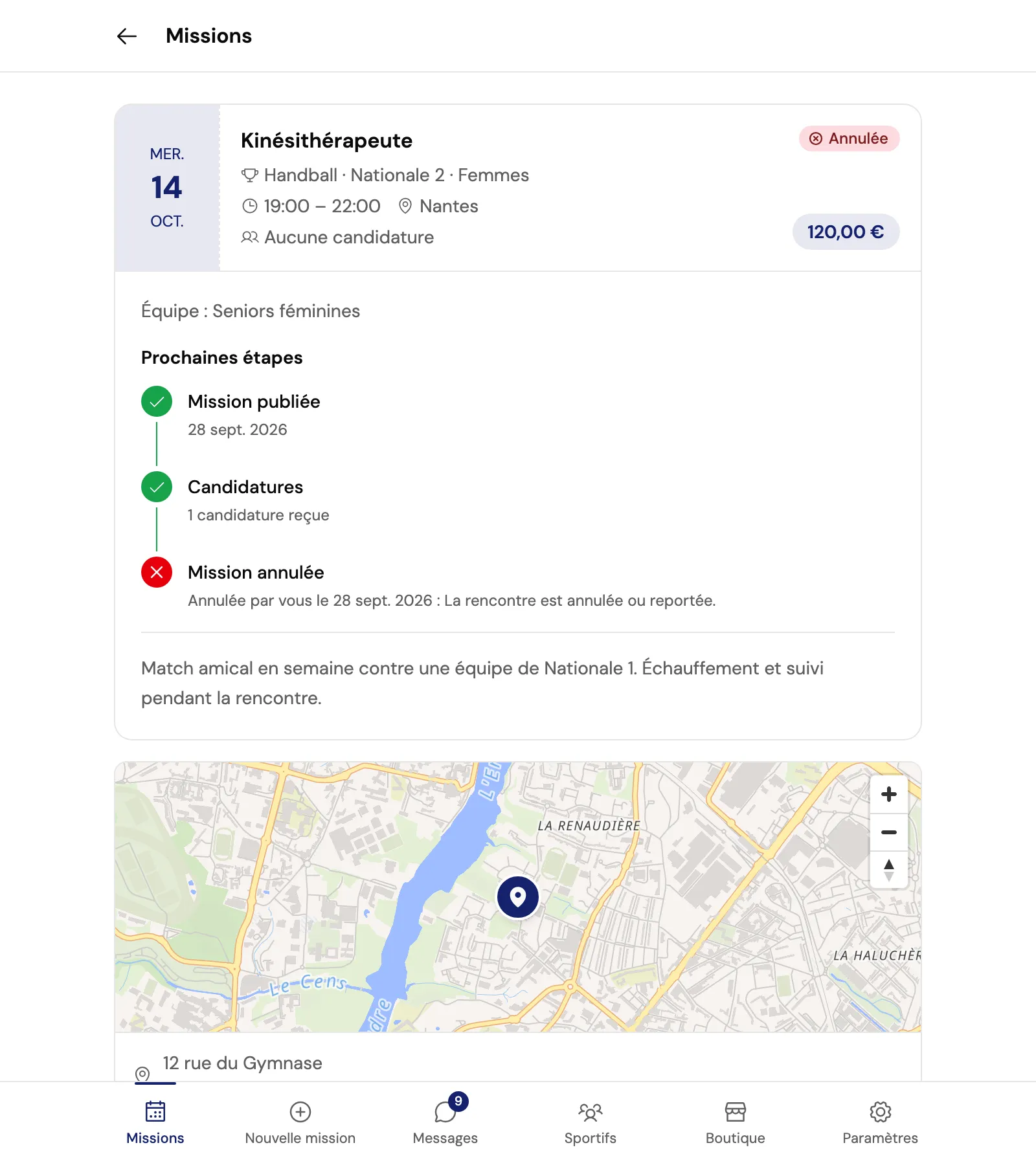 Une mission annulée : le badge Annulée, puis les étapes Mission publiée, Candidatures et Mission annulée, annulée par vous le 28 septembre 2026 parce que la rencontre est annulée ou reportée.