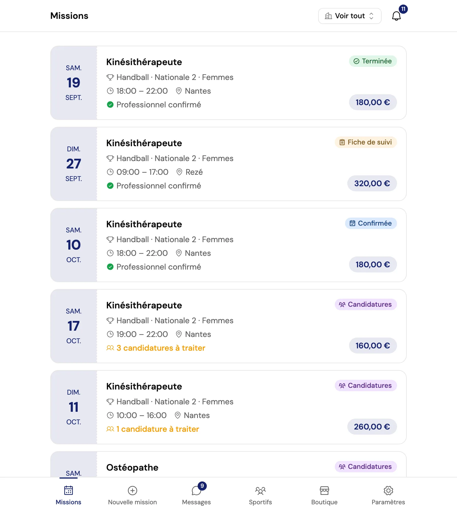 La liste des missions de l’entreprise, chacune avec sa date, sa compétence, son lieu, sa rémunération et son état.