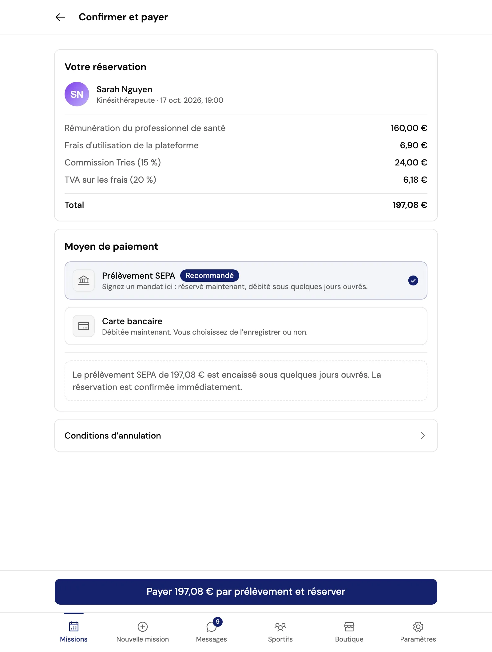 La page Confirmer et payer : la professionnelle choisie, le détail du prix et son total, puis les moyens de paiement Prélèvement SEPA, recommandé, et Carte bancaire.