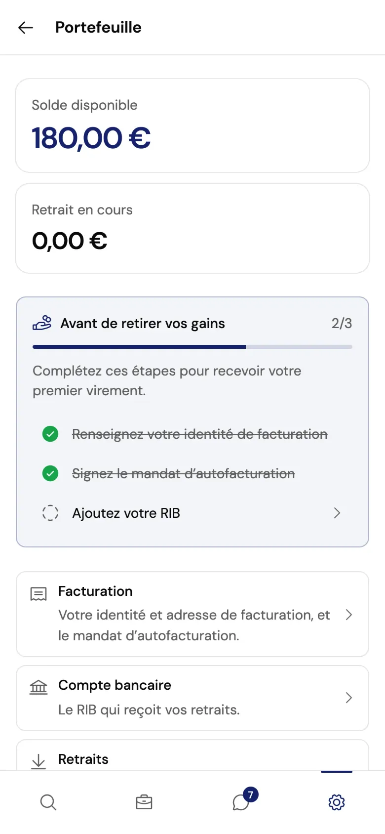 Le portefeuille de la professionnelle : 180 € de solde disponible, aucun retrait en cours, et la liste Avant de retirer vos gains avec l’identité de facturation et le mandat faits, et le RIB à ajouter.