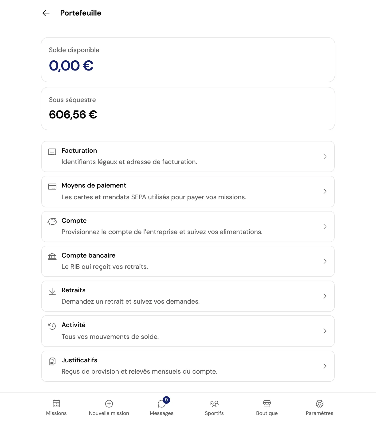 Le portefeuille de l’entreprise : solde disponible, montant sous séquestre, puis les rubriques Facturation, Moyens de paiement, Compte, Compte bancaire, Retraits, Activité et Justificatifs.