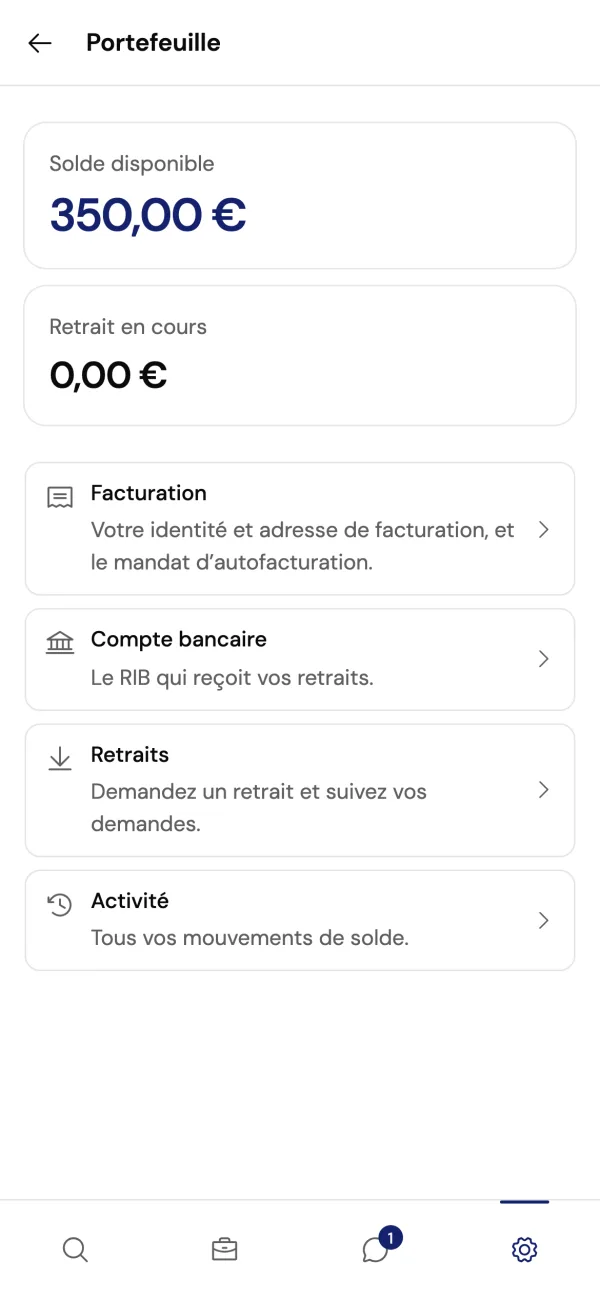 L'application Tries côté professionnel de santé : le portefeuille avec le solde disponible et les retraits