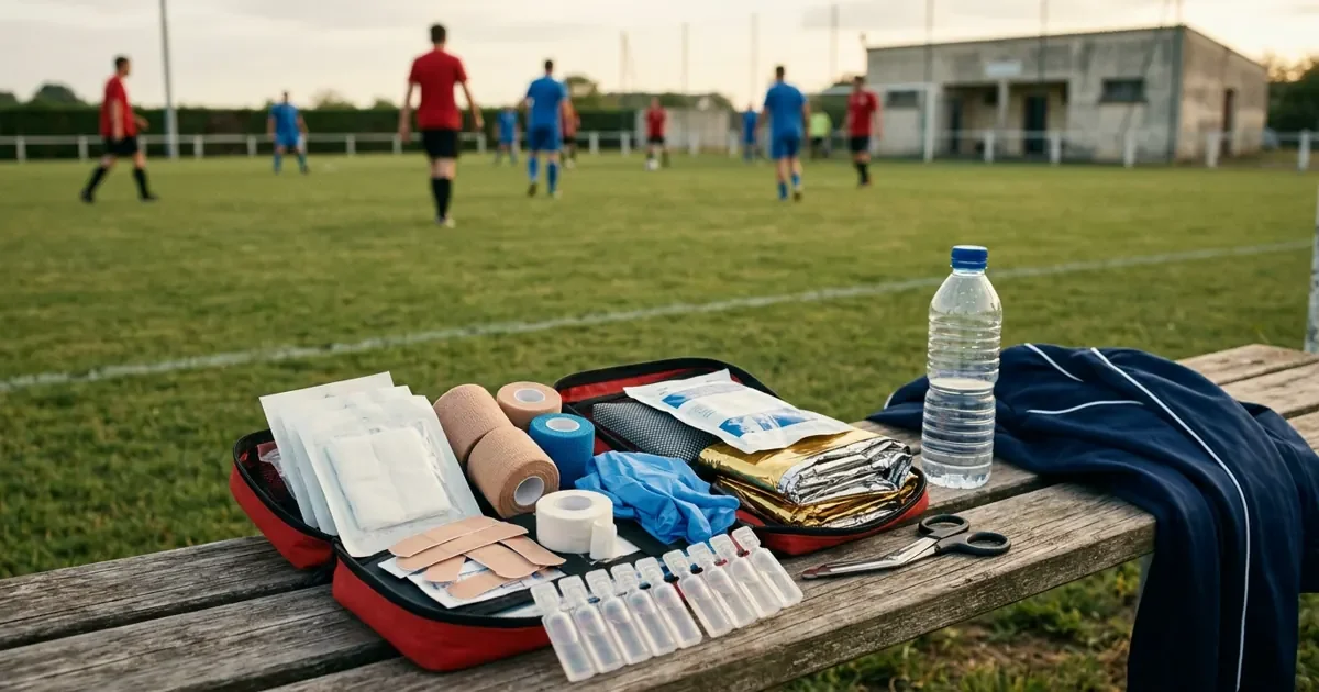 Une trousse de secours ouverte sur un banc au bord d'un terrain : compresses, bandes, pansements, gants, couverture de survie, poches de froid, ciseaux et unidoses de sérum physiologique.