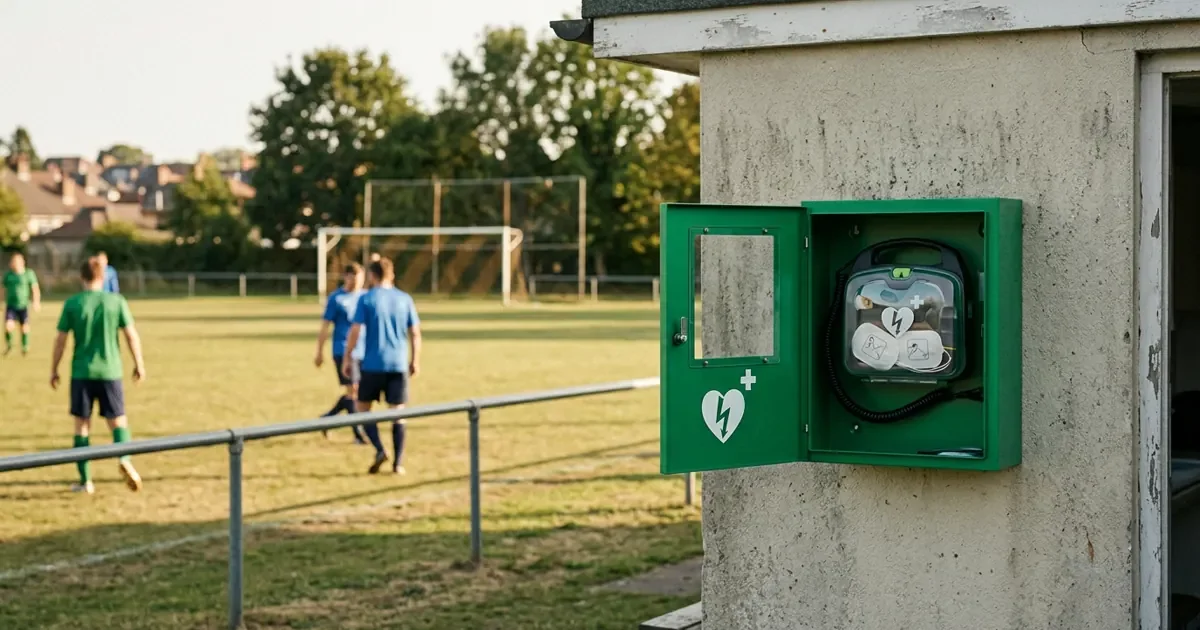 Un défibrillateur dans son boîtier vert ouvert, fixé au mur du club-house, au bord d'un terrain de football.