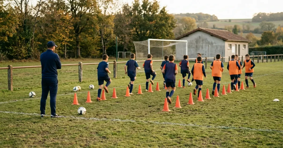 De jeunes footballeurs en chasubles s'échauffent entre des plots orange, sous le regard de leur éducateur.