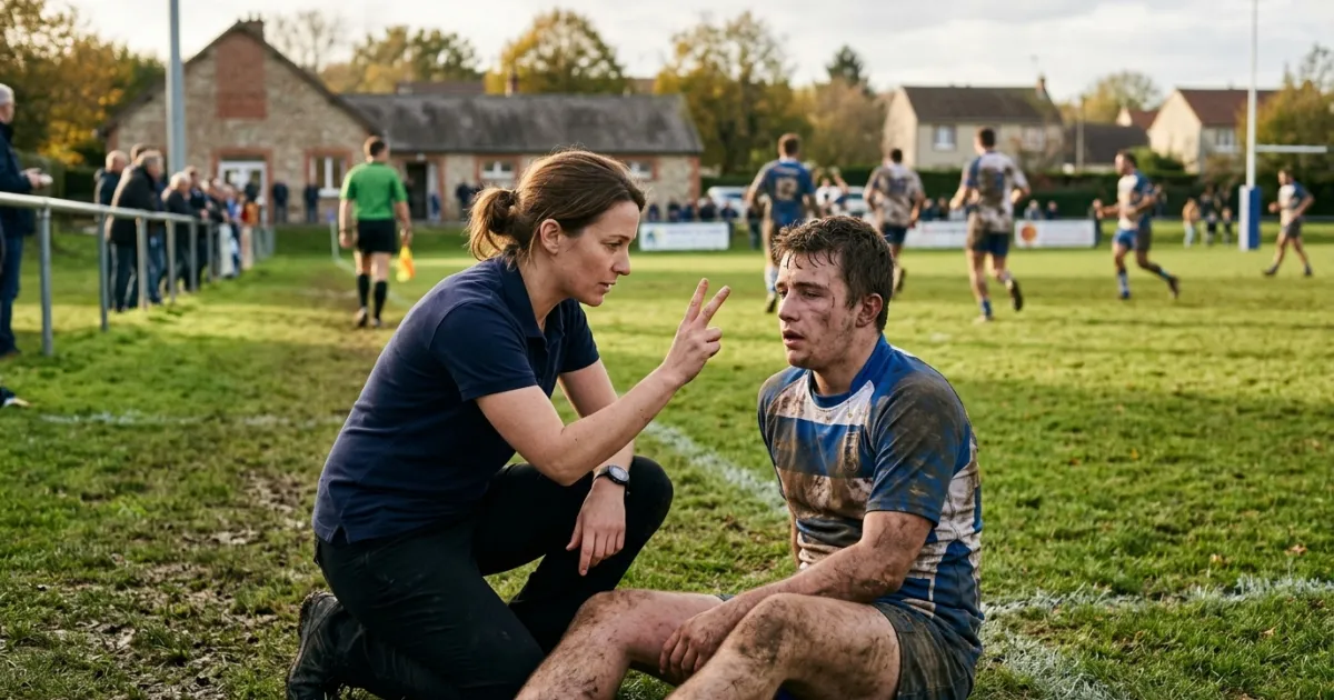 Au bord d'un terrain de rugby, une soignante agenouillée montre deux doigts à un joueur assis dans l'herbe, sorti du match après un choc à la tête.