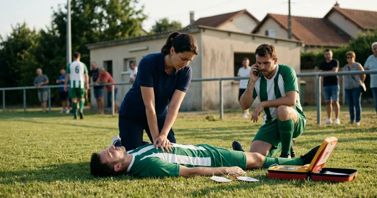 Au bord d'un terrain de football, une soignante fait un massage cardiaque à un joueur allongé, un défibrillateur ouvert à côté, pendant qu'un coéquipier appelle les secours.